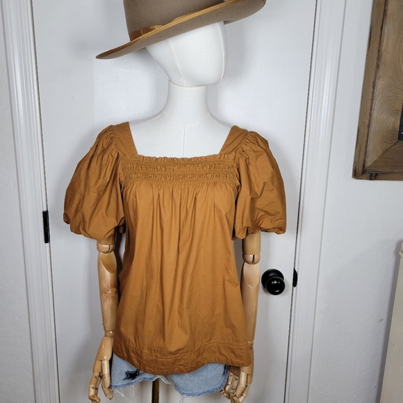 Maeve by Anthropologie Puff Sleeve Smocked Blouse Mustard Size Small 100% Cotton - Picture 1 of 8